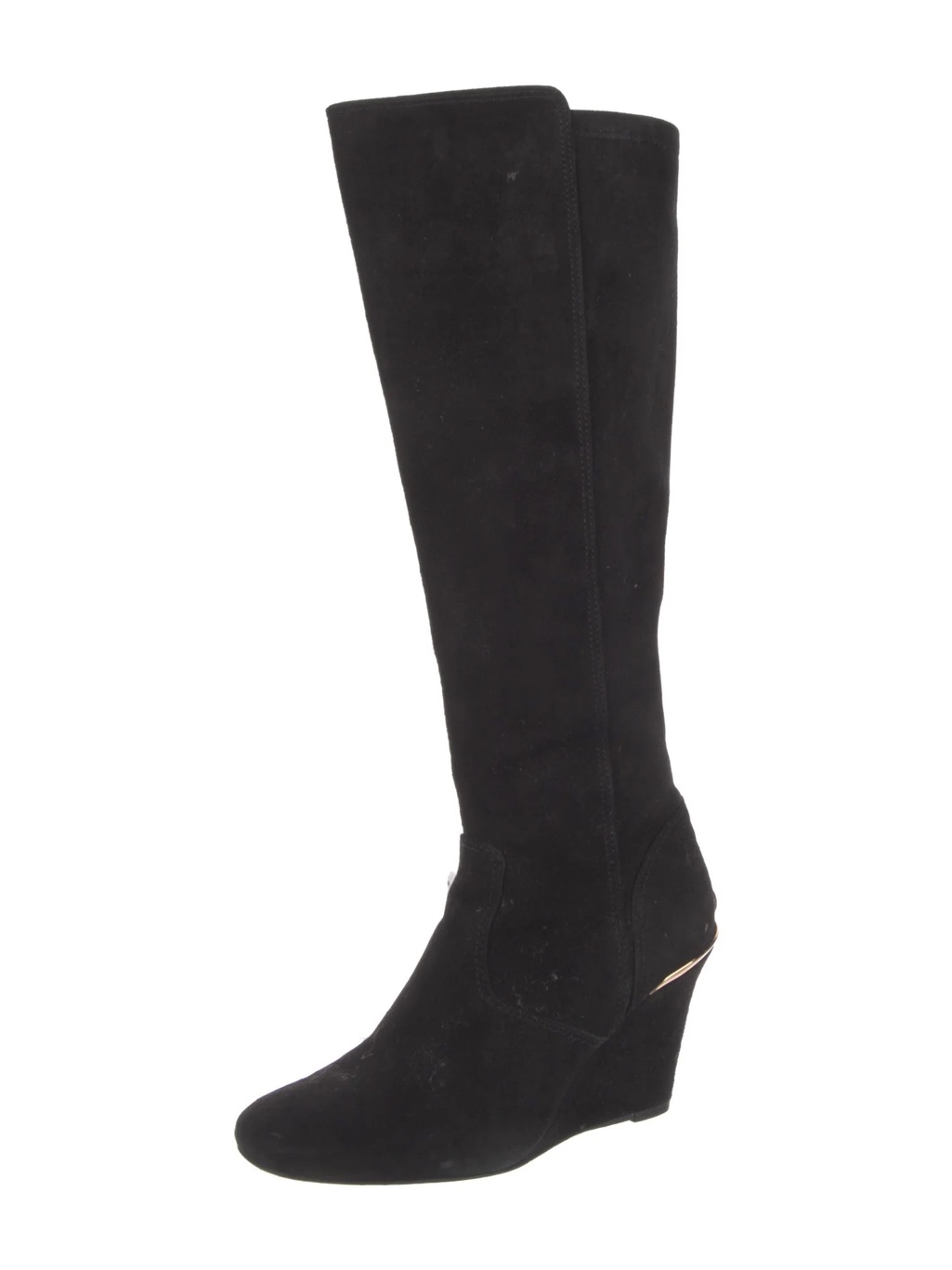 Tory Burch Hendin Black Gold Suede Leather Knee-High 3.5” Wedge Boots Size 8